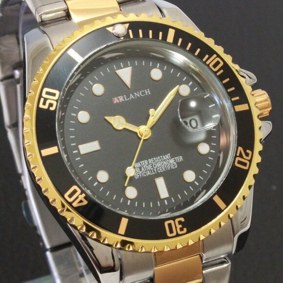 Men's Diver Style Watch Black Bezel Silver Gold Tone 40mm - Picture 8 of 14